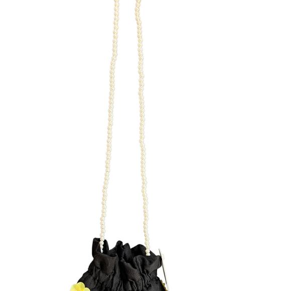 Dream Sister Jane Black Floral Appliqué Drawstring Bag with Pearl Strap - Picture 4 of 7